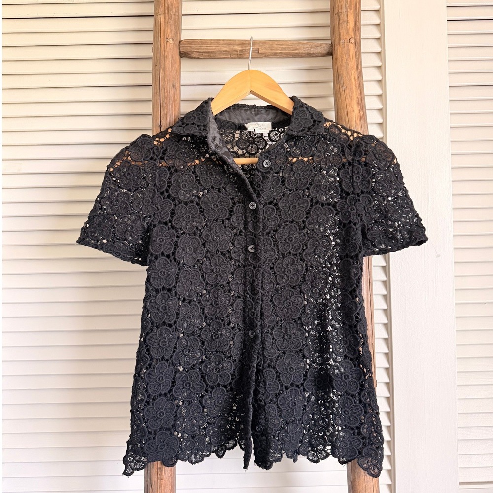 Kate Spade Floral Eyelet Lace Button Down Top XXS Black